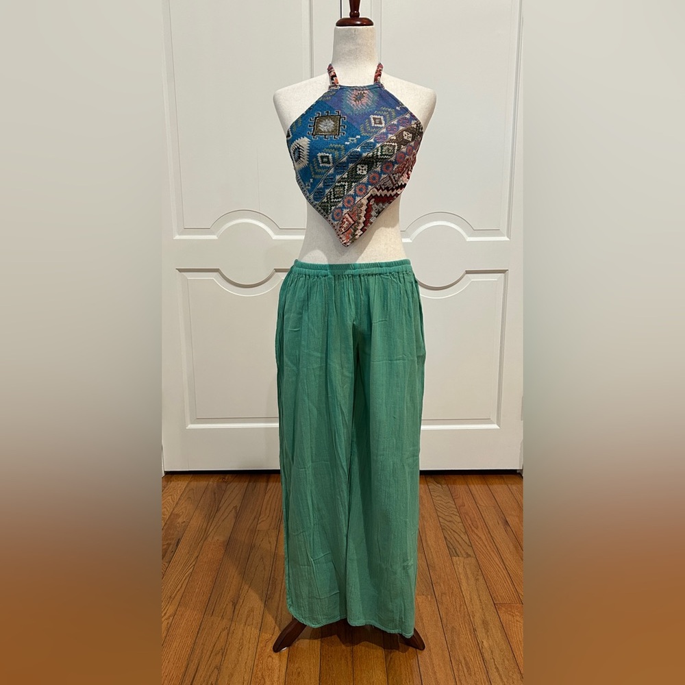 Cotton Gauze Wide Leg Pants made in Oaxaca Mex. summer pants, elastic waistband.